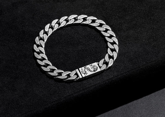Dragon Textured Cuban Link Bracelet In Oxidised Silver By Orionz Jewels