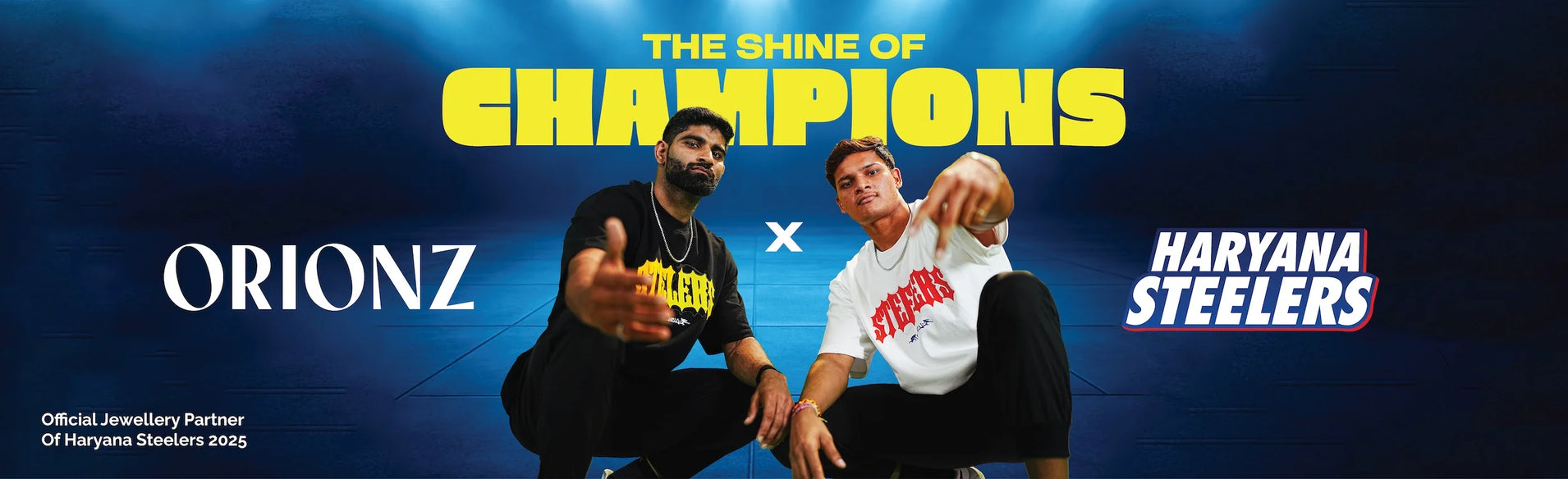 Promotional banner for Orionz and Haryana Steelers with two individuals on a blue background.