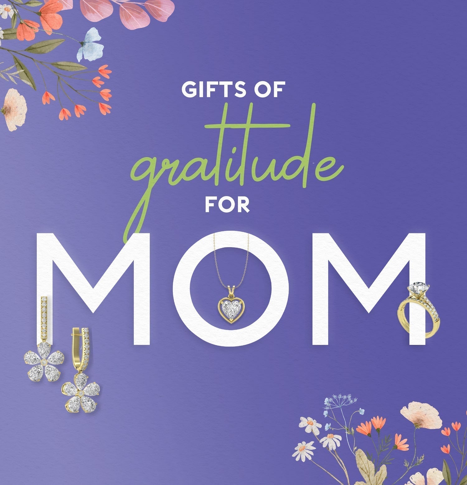A floral-themed illustration showcasing elegant jewelry pieces, including diamond necklaces, earrings, and rings, on a purple background for Mother's Day gift ideas.