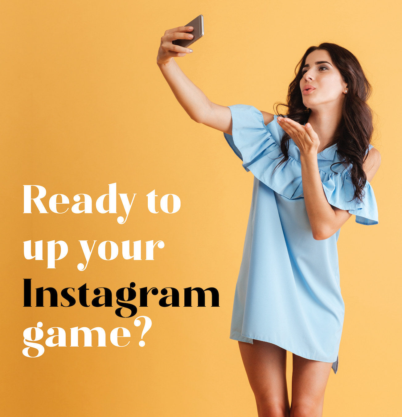 A stylish young woman taking a selfie with a smartphone against a vibrant yellow background, promoting Instagram game enhancement with bold, modern typography.