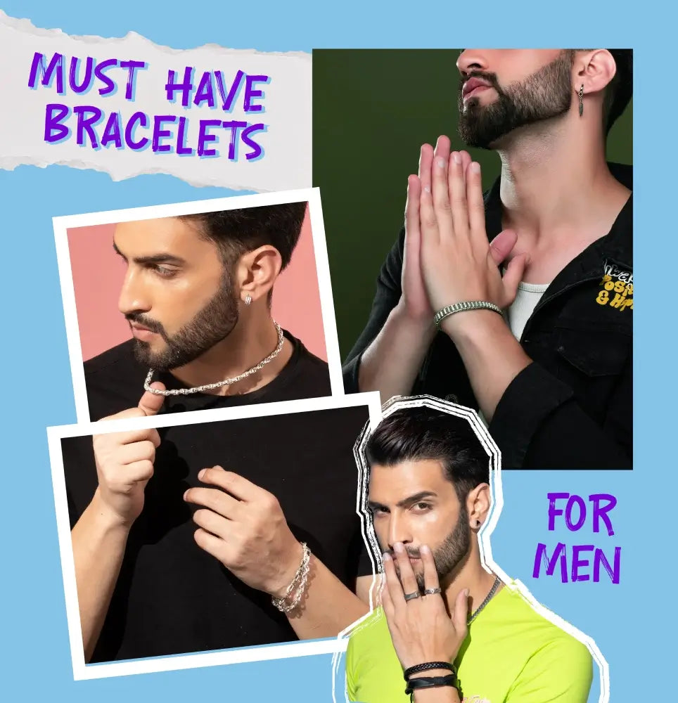 A collage of stylish men wearing silver bracelets, showcasing trendy bracelet options for men, with bold purple text readingMust Have Bracelets for Men" on a light blue background.