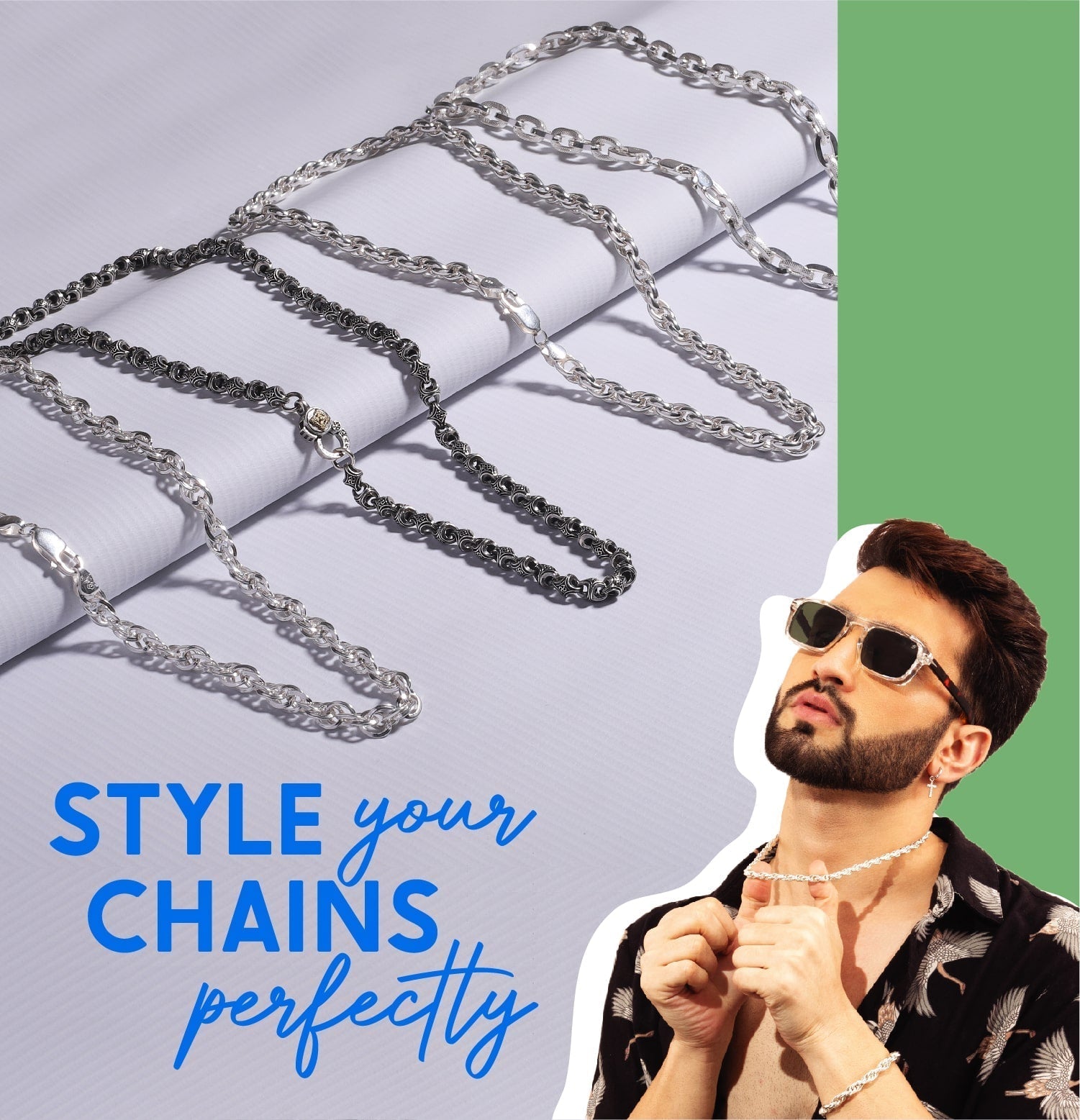 A collection of stylish silver and black chain necklaces displayed on a white surface, with a fashionable man wearing sunglasses and jewelry, illustrating how to accessorize with the right neck chain for your look.