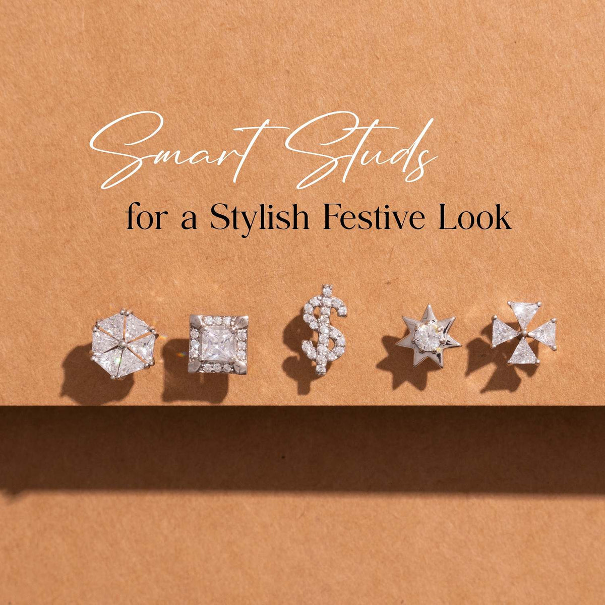 A set of five stylish men's ear studs featuring sparkling cubic zirconia or diamond-like stones, perfect for enhancing a festive look.