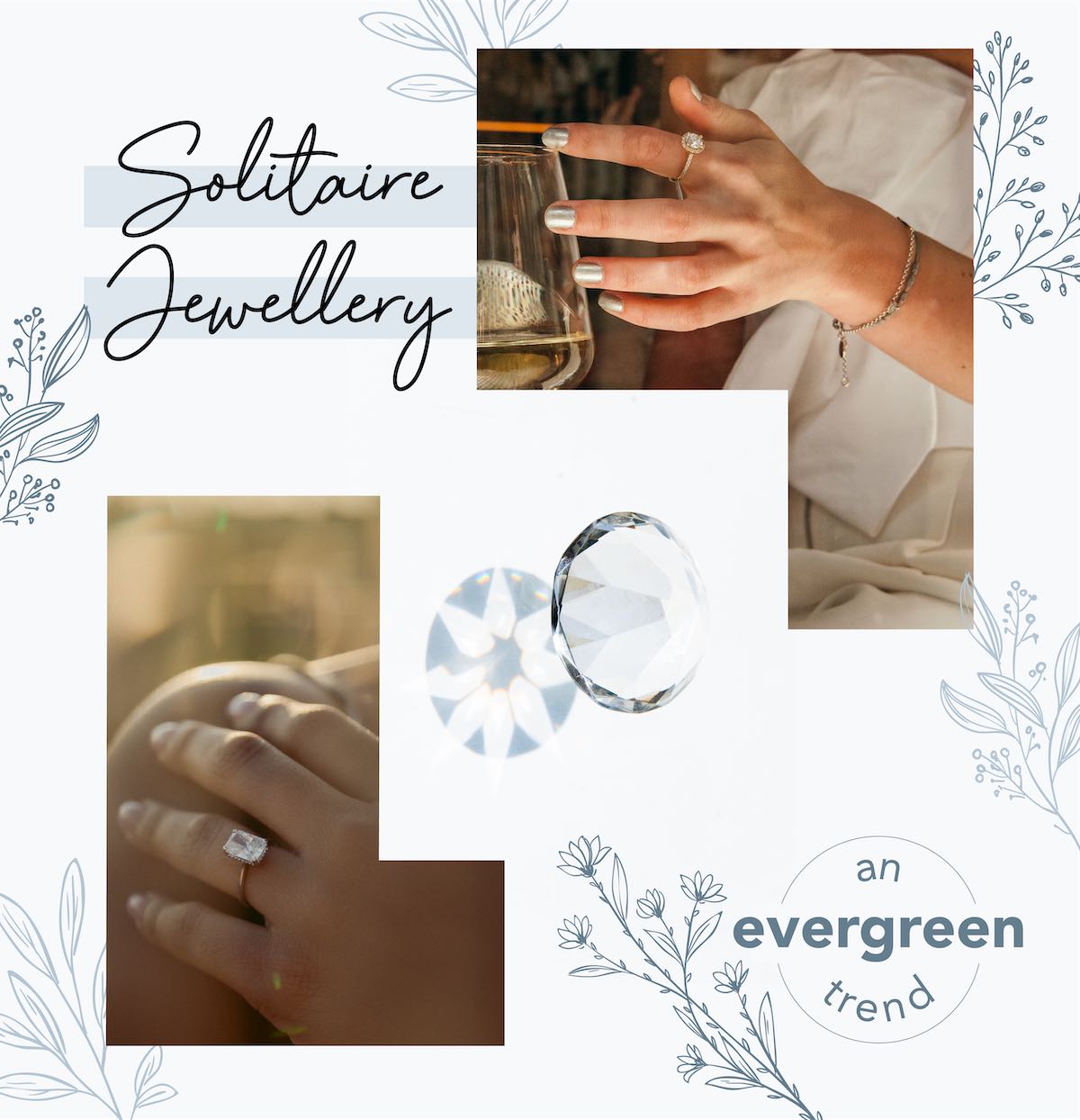 A detailed image showcasing elegant solitaire jewelry, including a diamond ring and accessories, emphasizing the evergreen trend in solitaire jewelry for stylish, timeless elegance.