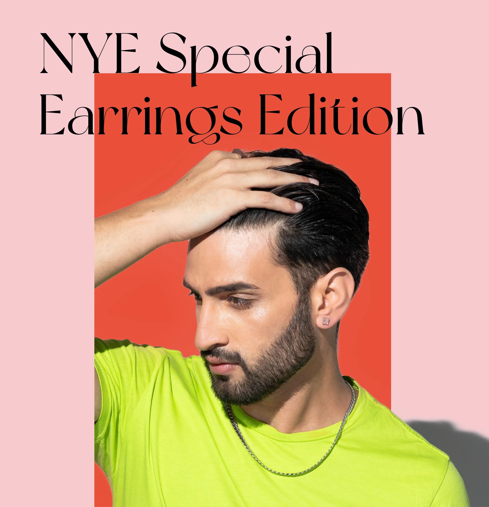A stylish man with dark hair and a beard wearing a neon green shirt, silver chain necklace, and square earrings, posing against a vibrant red and pink background.