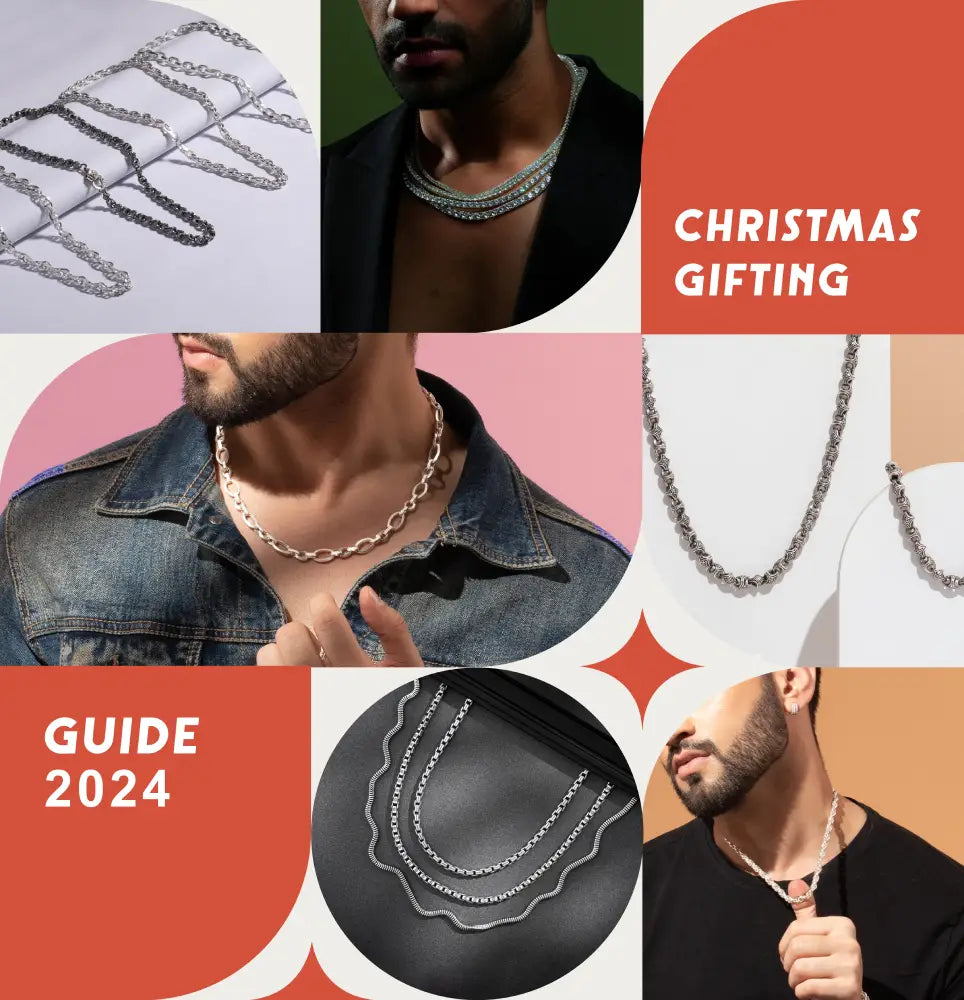 Elegant men's silver chain necklaces displayed on models and flat lay, perfect Christmas gift ideas for impressing a girlfriend in 2024.