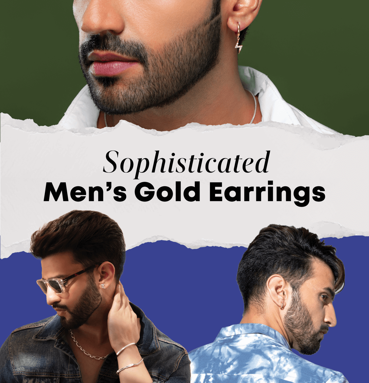 Elegant close-up of a man wearing gold hoop earrings, showcasing sophisticated men's jewelry for style and fashion enhancement.