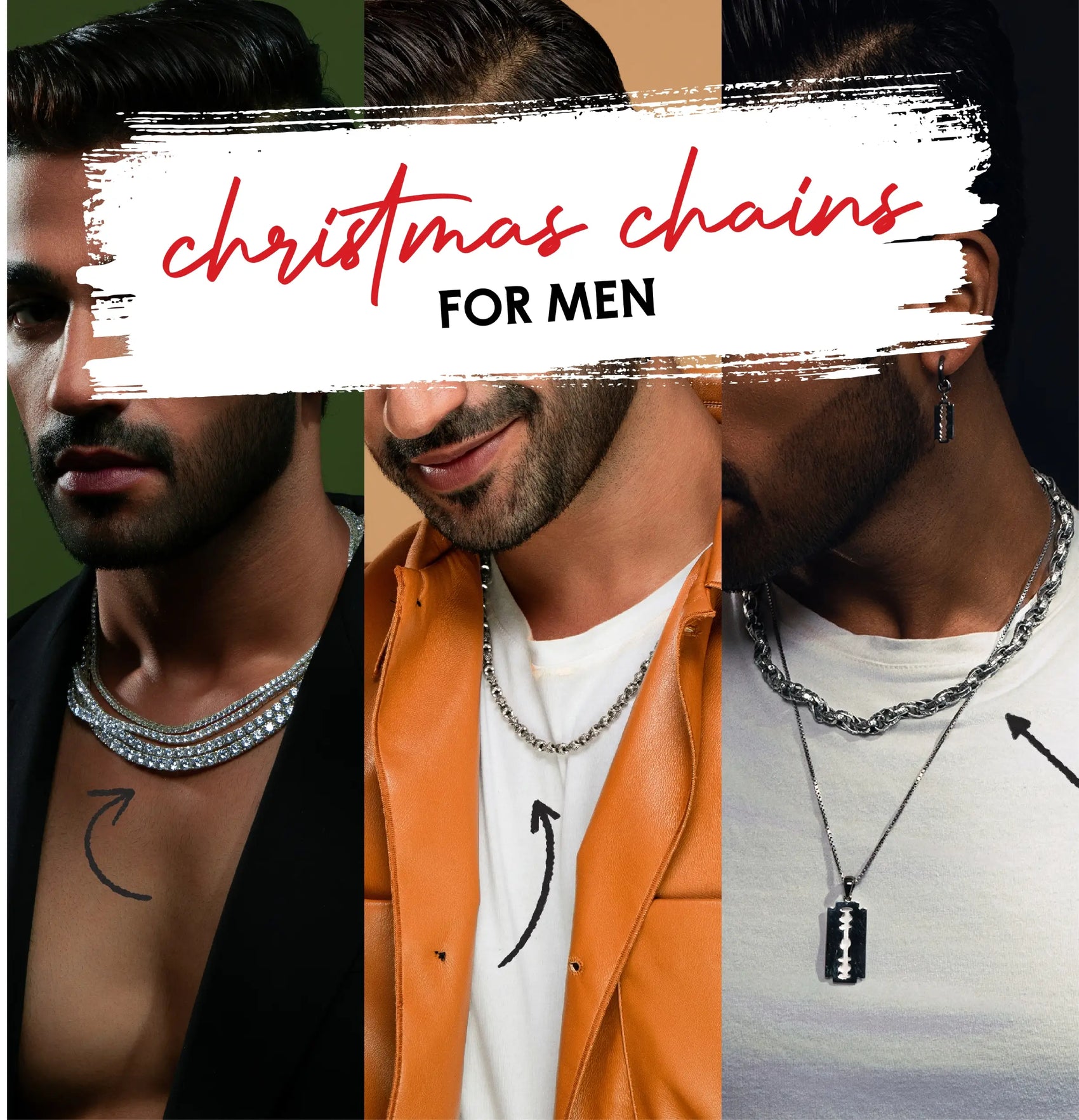 Close-up of stylish men's chains layered with trendy outfits, showcasing various jewelry styles for Christmas gift ideas 2024.