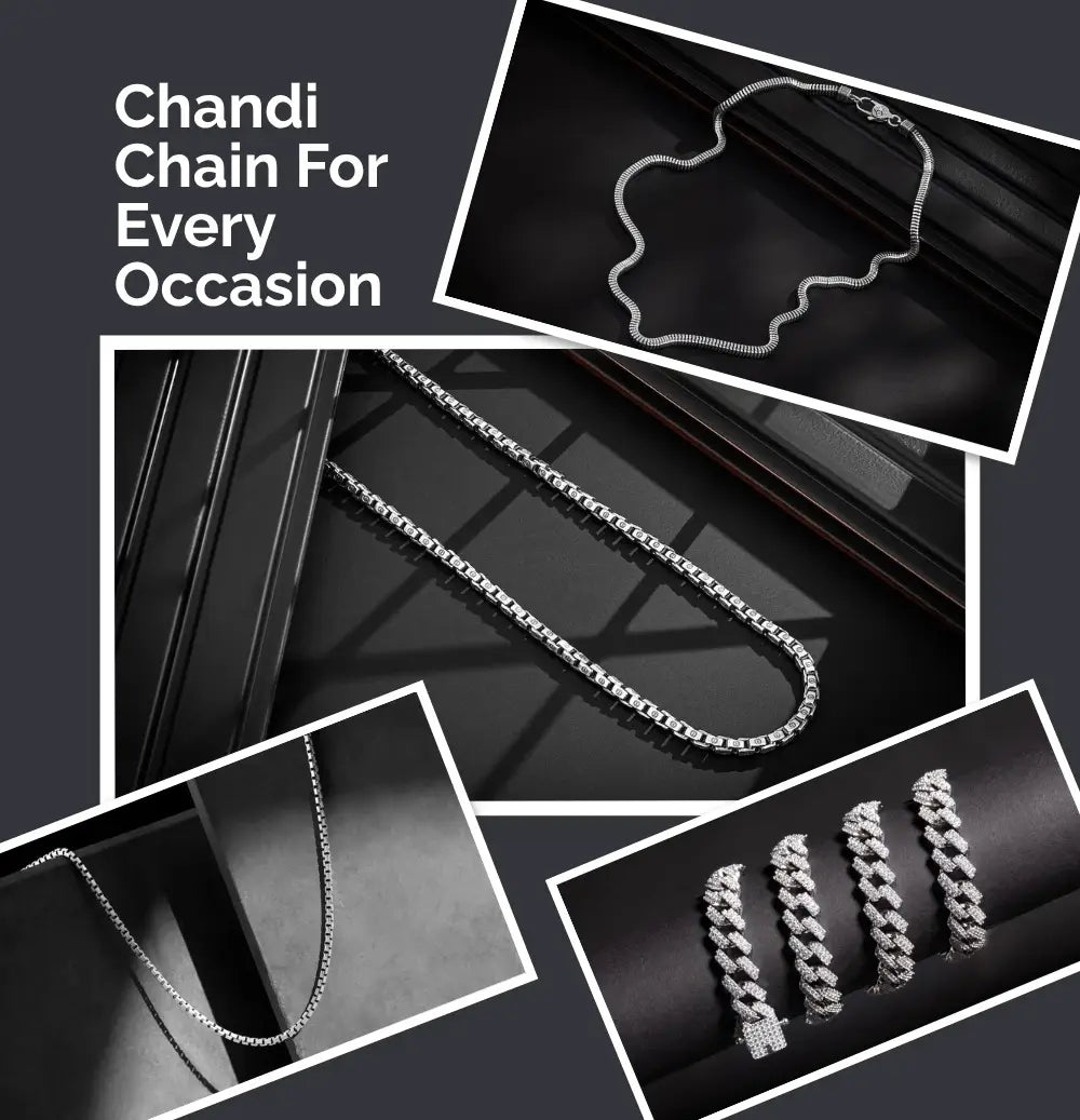 Elegant jewelry showcase featuring various styles of chandi chains and diamond-studded accessories for every occasion, emphasizing luxury and versatility.
