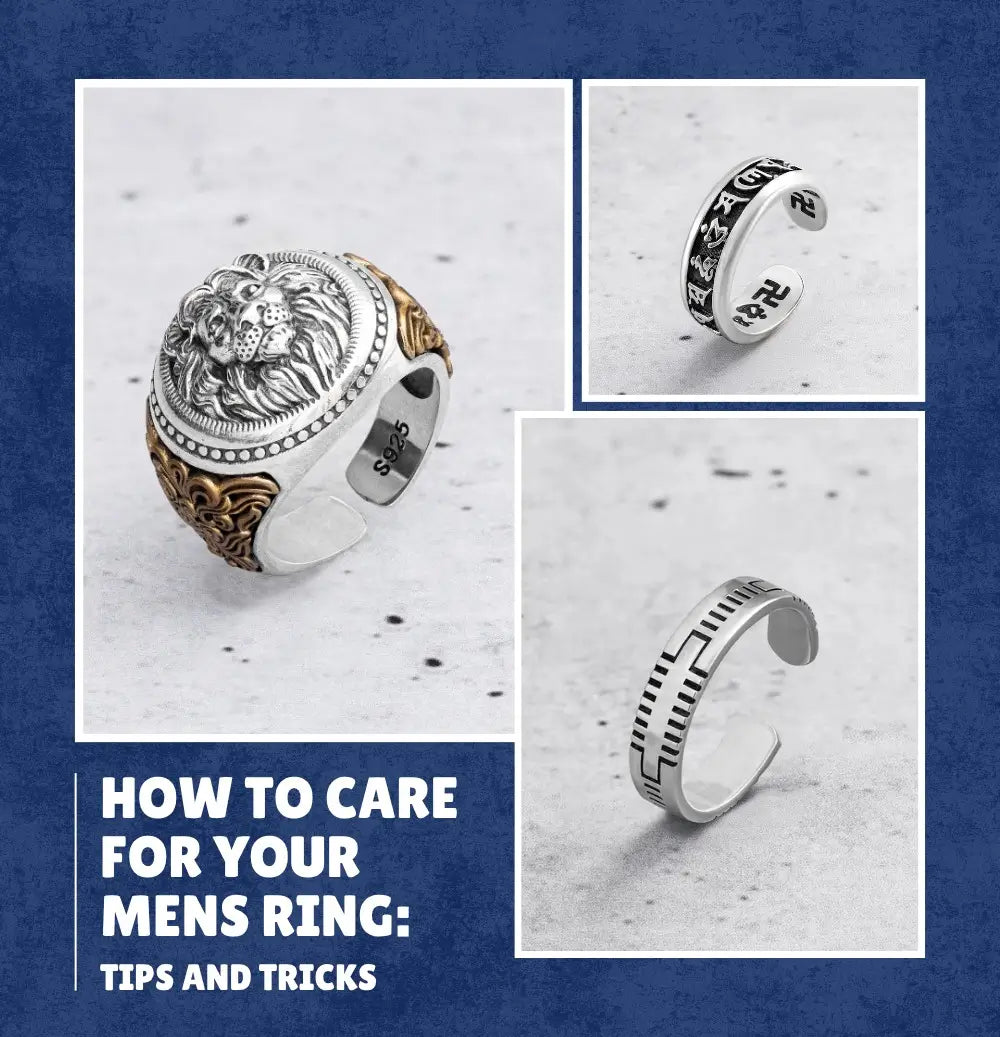 An illustration of three men's rings with detailed designs, showcasing tips and tricks for men's ring care in a modern, stylish layout.