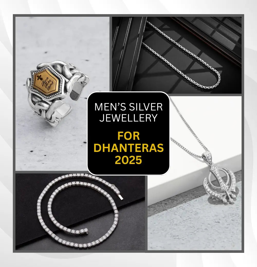 Elegant men's silver jewelry collection featuring diamond-studded necklaces, rings, and bracelets, perfect for Dhanteras 2025 celebrations.