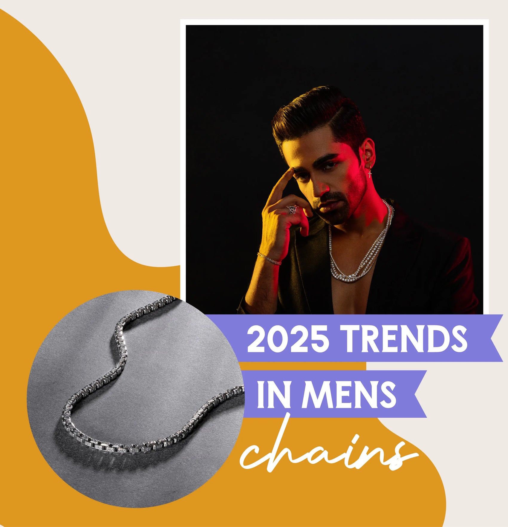 A close-up of elegant silver chain necklaces with sparkling gemstones, highlighting top jewelry trends for 2025 in men's fashion.