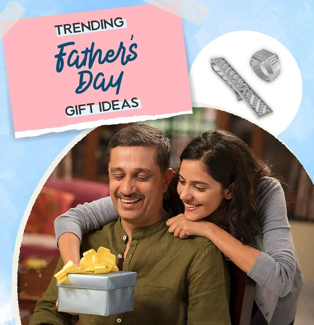 A joyful father receiving a gift box with a yellow ribbon from his daughter, celebrating Father’s Day with trending gift ideas and jewelry accessories.