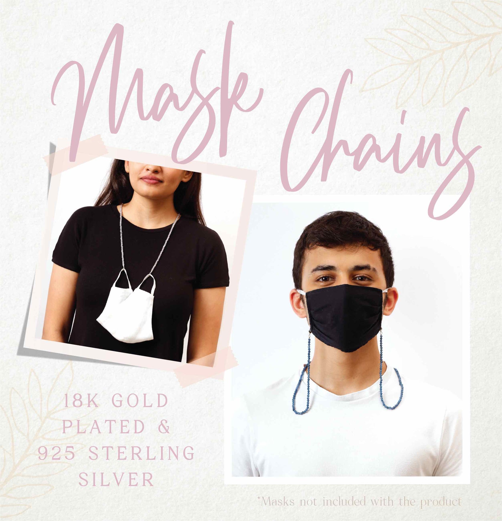 A close-up of a woman wearing a black face mask with a stylish mask chain, highlighting the trendy accessory for mask wearers in the new normal.