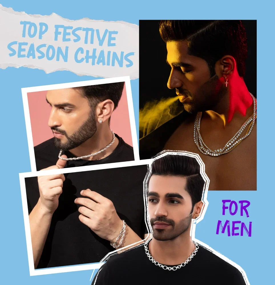 A collage of stylish men wearing trendy silver chain designs for festive season, showcasing top men's chain trends for holiday fashion.