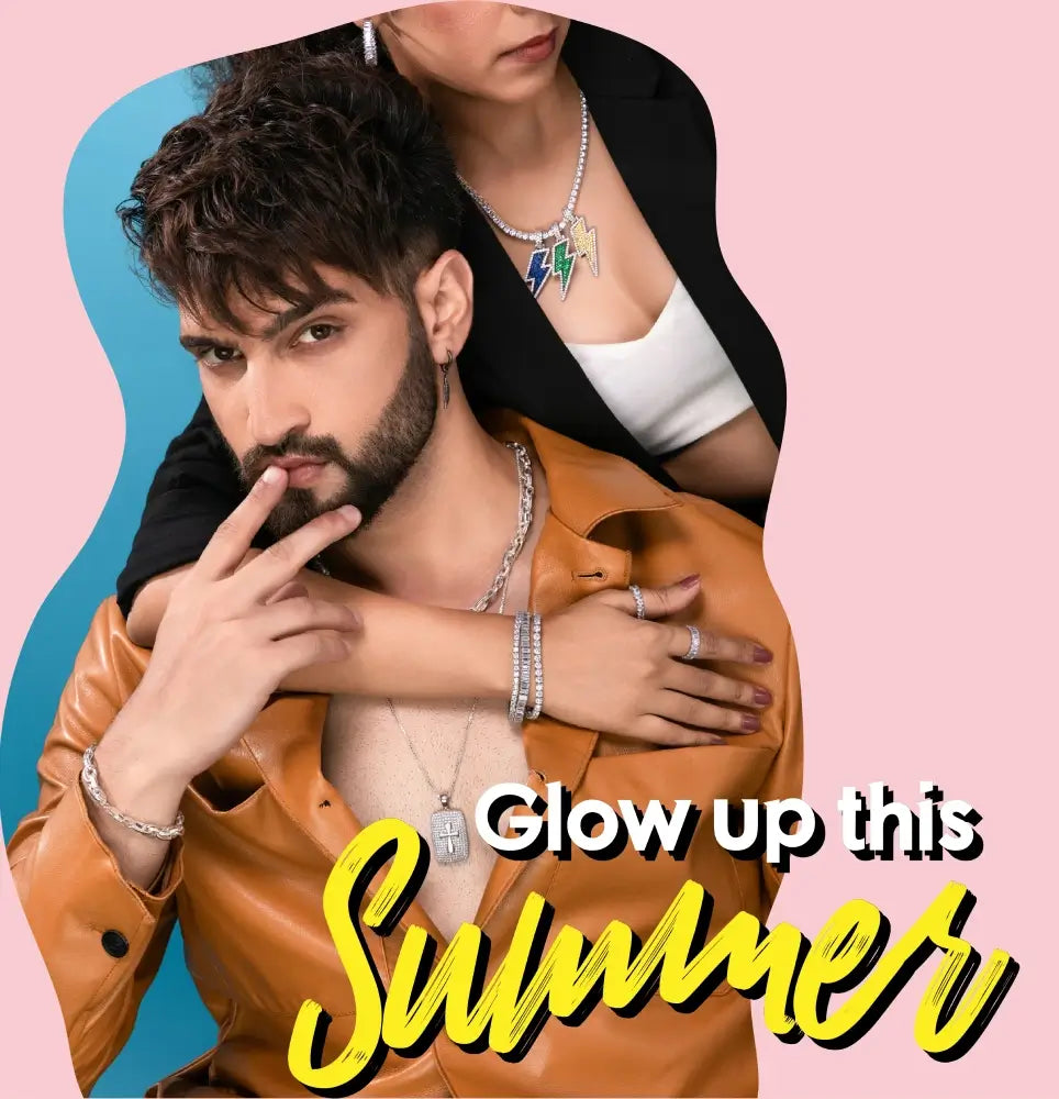 Stylish young man wearing layered silver jewelry, including necklaces, rings, and bracelets, with a woman showcasing colorful lightning bolt necklace, promoting Orionz Jewels' summer sale collection for a radiant summer glow.