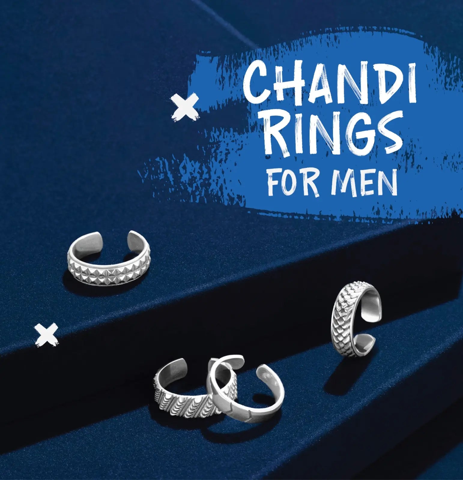 A collection of silver chandi rings for men with subtle luxury design, displayed on a dark blue textured background, highlighting their intricate patterns.