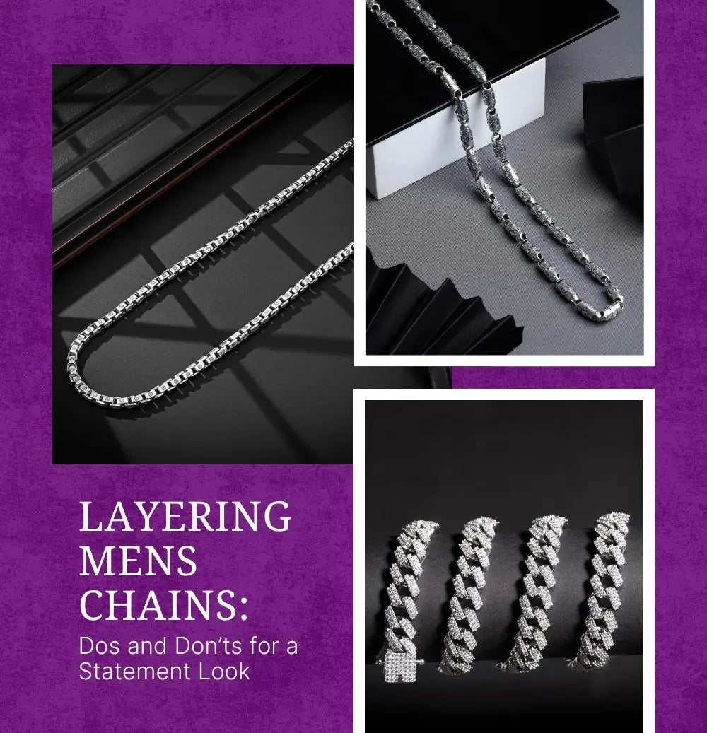 A set of layered men's chains featuring various styles of silver and diamond-encrusted jewelry, showcasing dos and don'ts for a statement look, on a sleek black and gray background with purple accents.