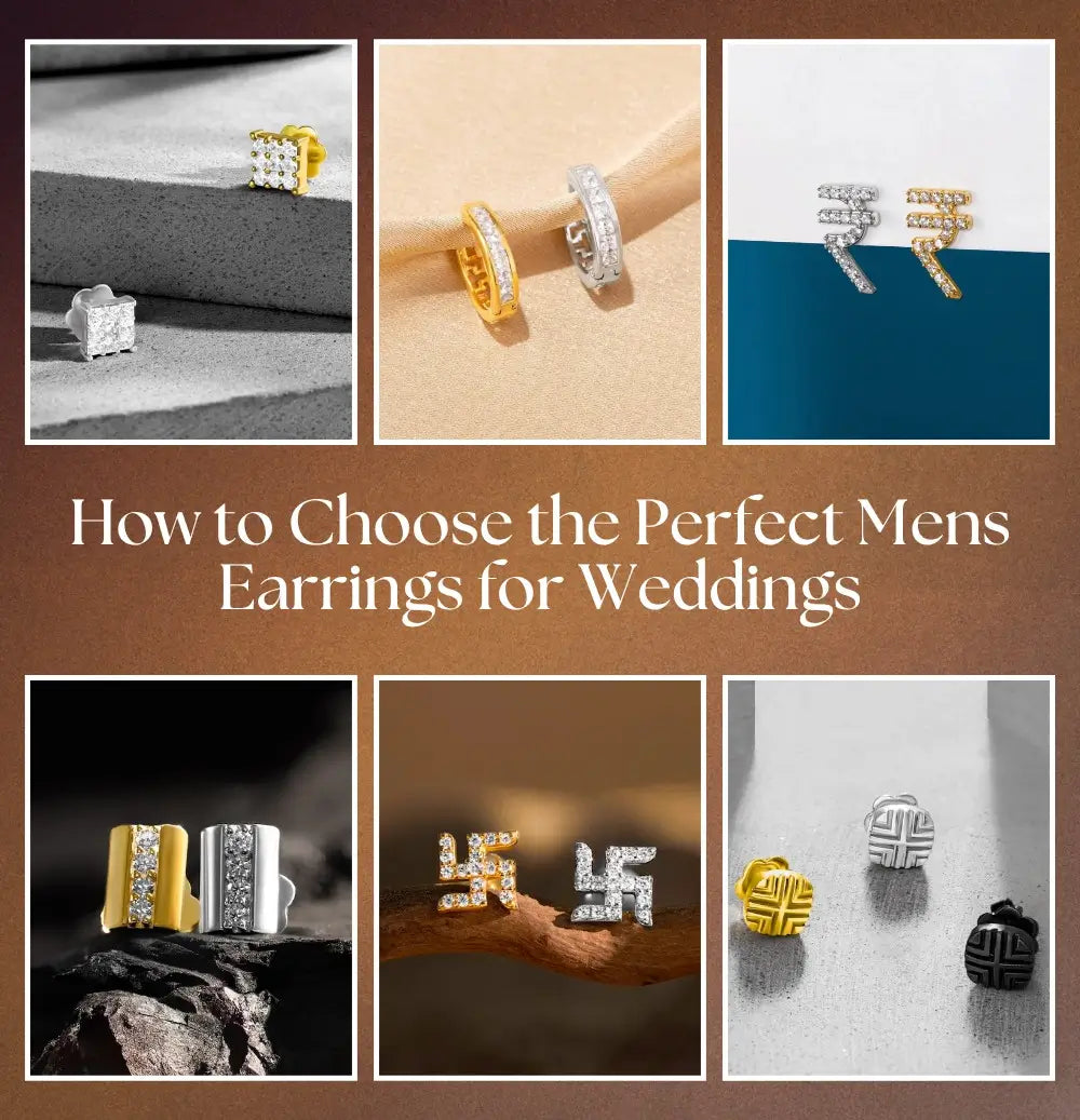 A collection of stylish men's earrings featuring various designs and finishes, perfect for wedding accessories, displayed on neutral backgrounds.