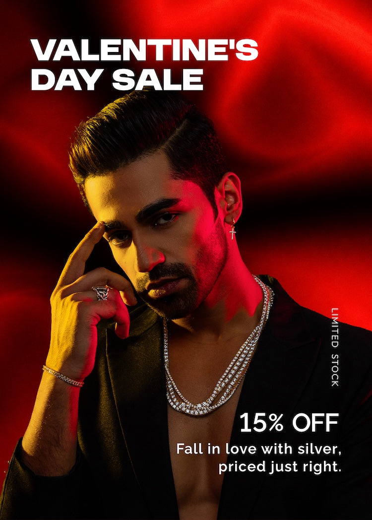 Promotional image for Valentine's Day sale with a person wearing jewelry against a red background.
