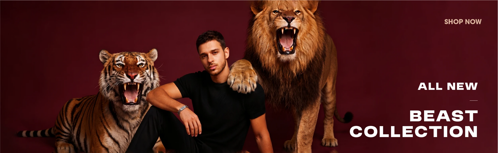 Man sitting between a tiger and a lion with 'All New Beast Collection' text on a dark red background.