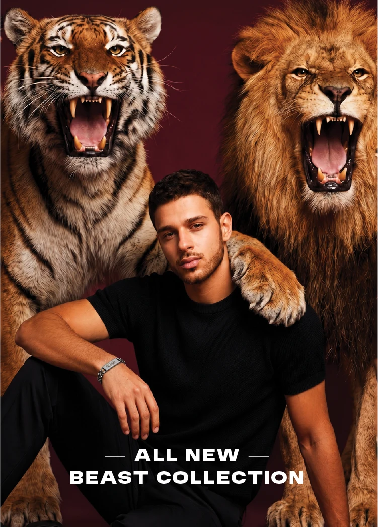 Man sitting between a tiger and a lion with 'All New Beast Collection' text.