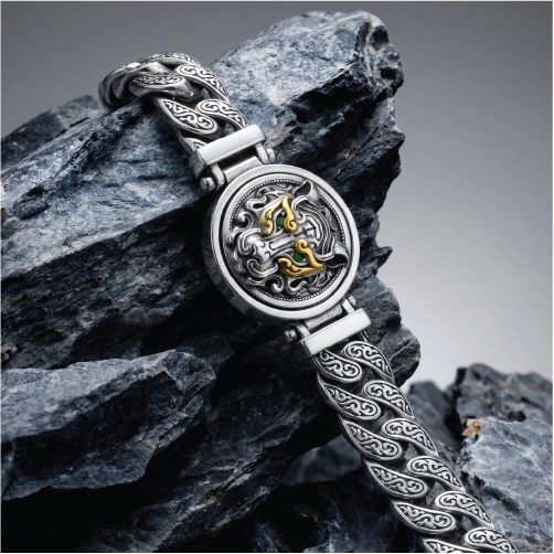 Silver bracelet with intricate design on a stone surface