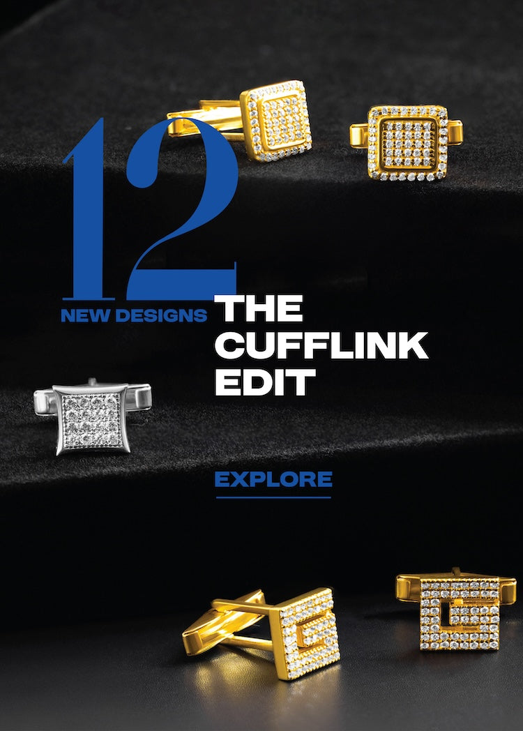 Gold cufflinks displayed on a dark background with promotional text.