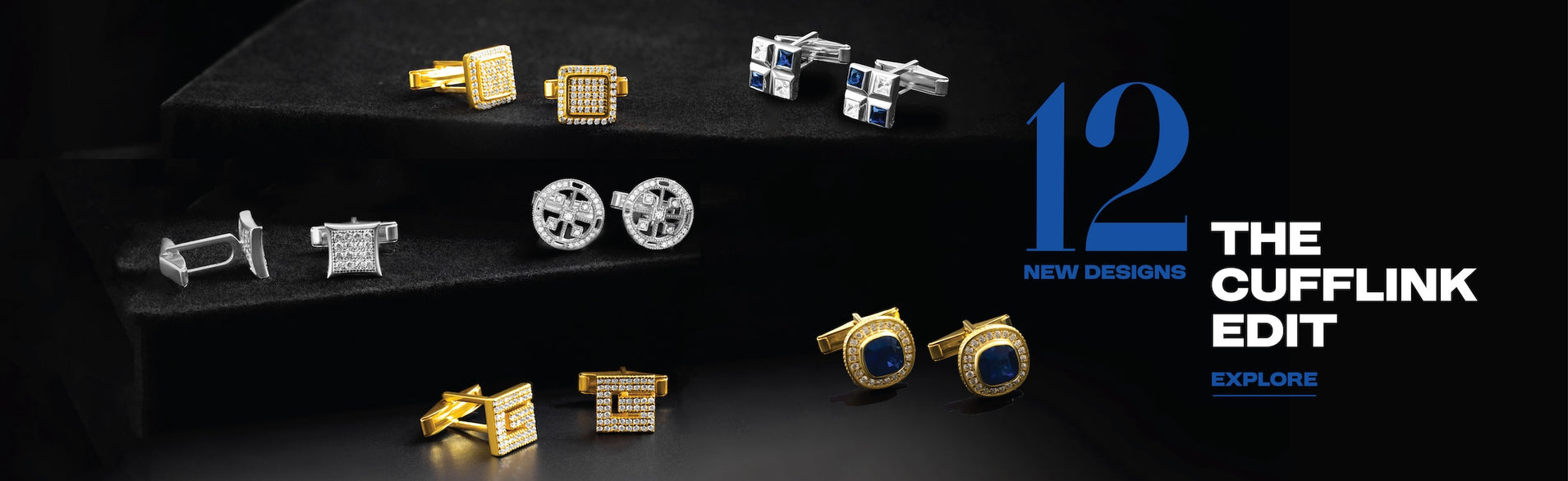 Collection of cufflinks on a black background with 'The Cufflink Edit' branding.