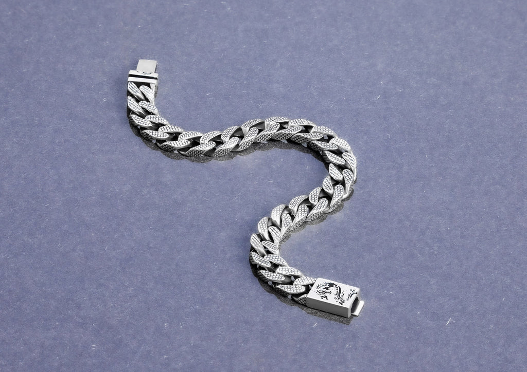 Dragon Textured Cuban Link Bracelet In Oxidised Silver By Orionz Jewels