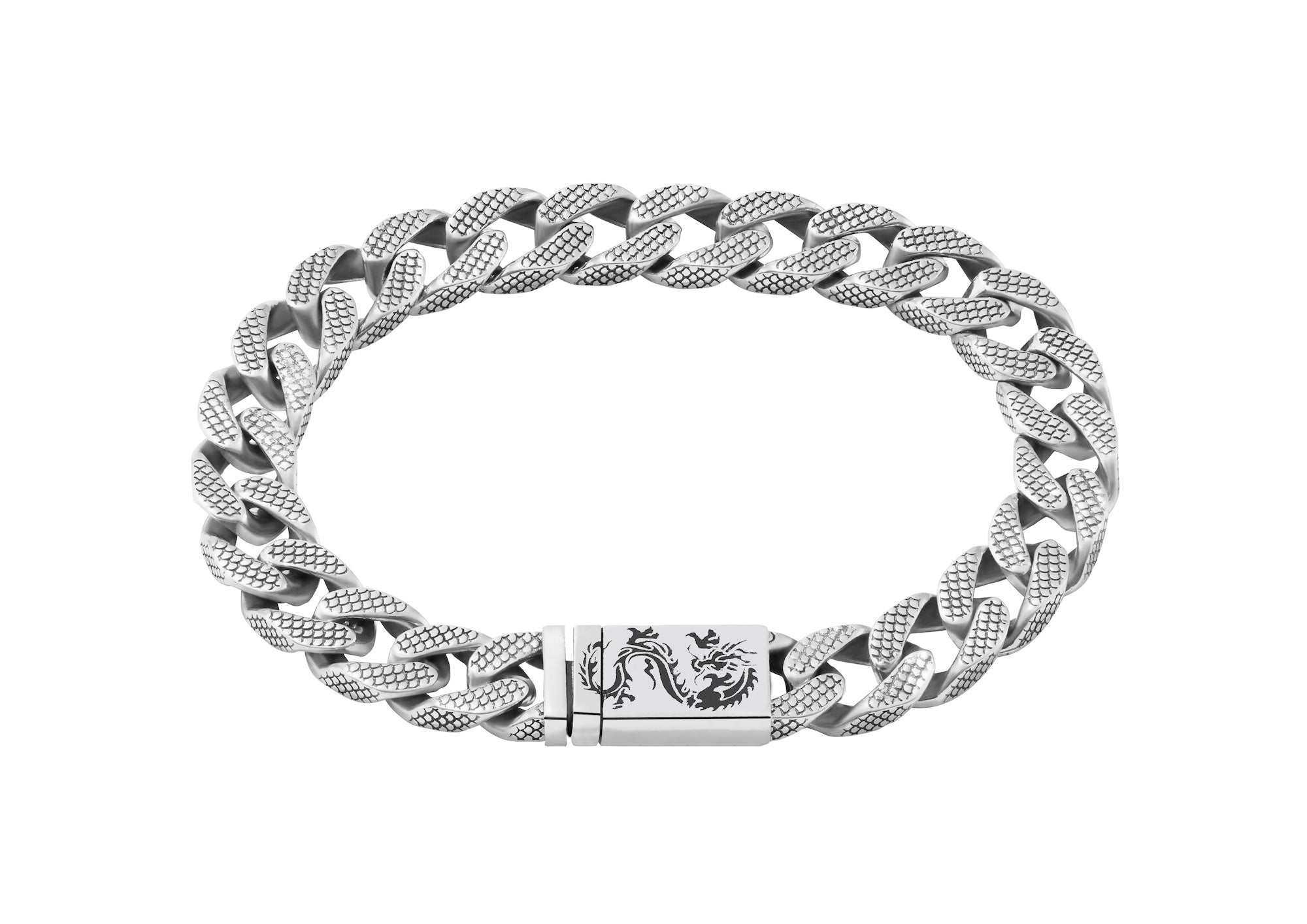 Dragon Textured Cuban Link Bracelet In Oxidised Silver By Orionz Jewels