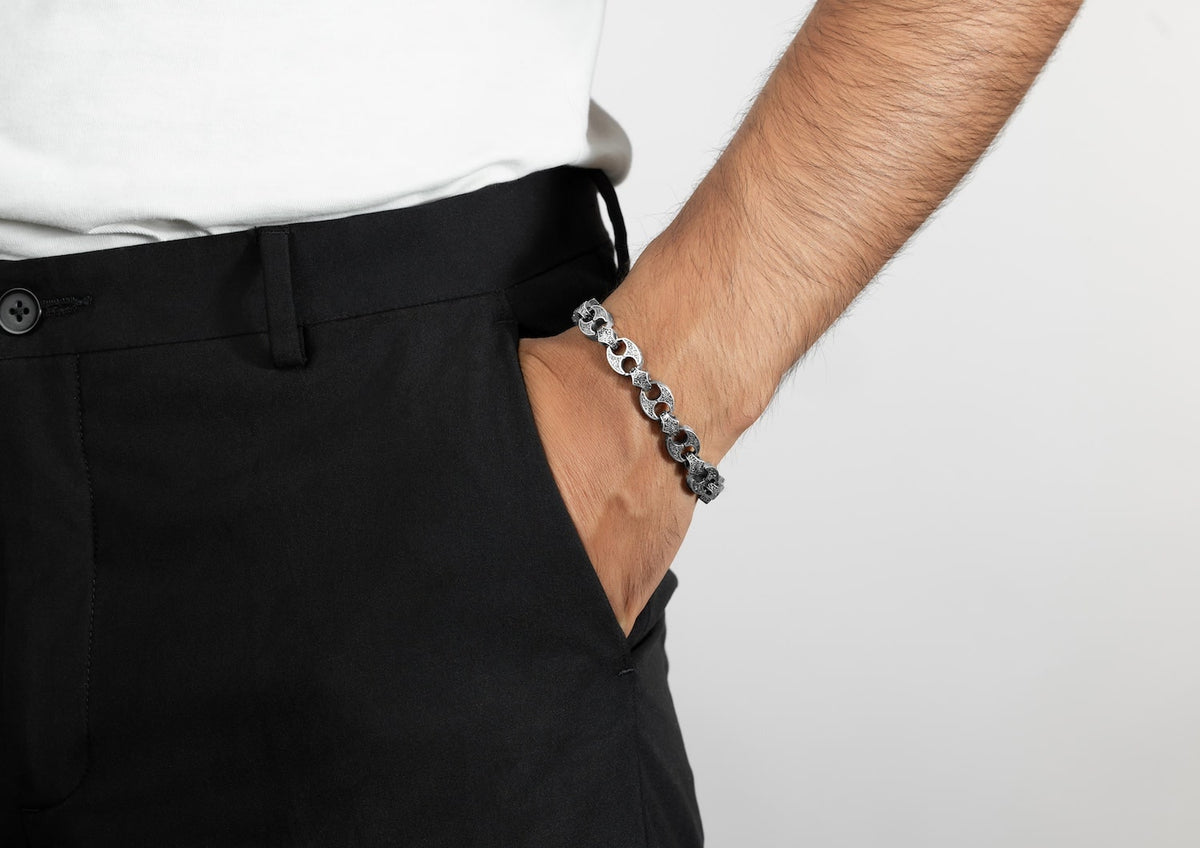 Engraved Battle Axe Bracelet For Men In Oxidised Silver By Orionz Jewels
