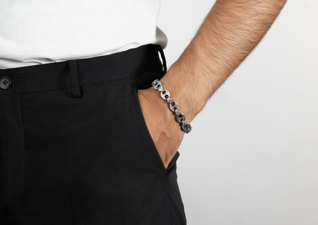 Engraved Battle Axe Bracelet For Men In Oxidised Silver By Orionz Jewels