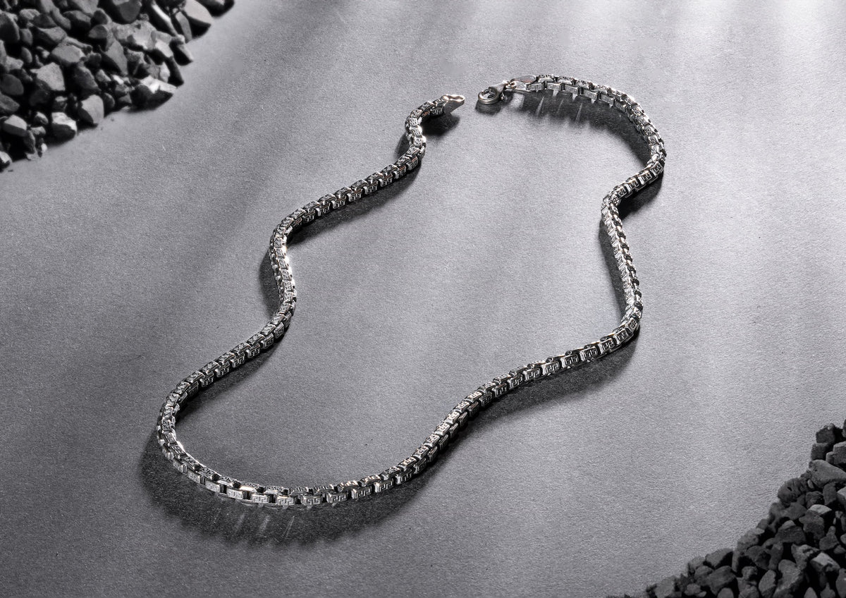 Greek Key Oxidised Box Chain For Men By Orionz Jewels