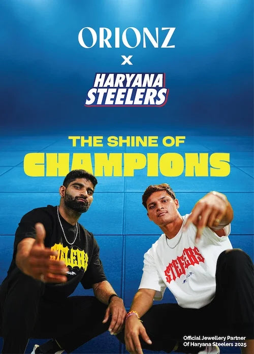 Two individuals in branded clothing with 'Orionz' and 'Haryana Steelers' logos on a blue background.