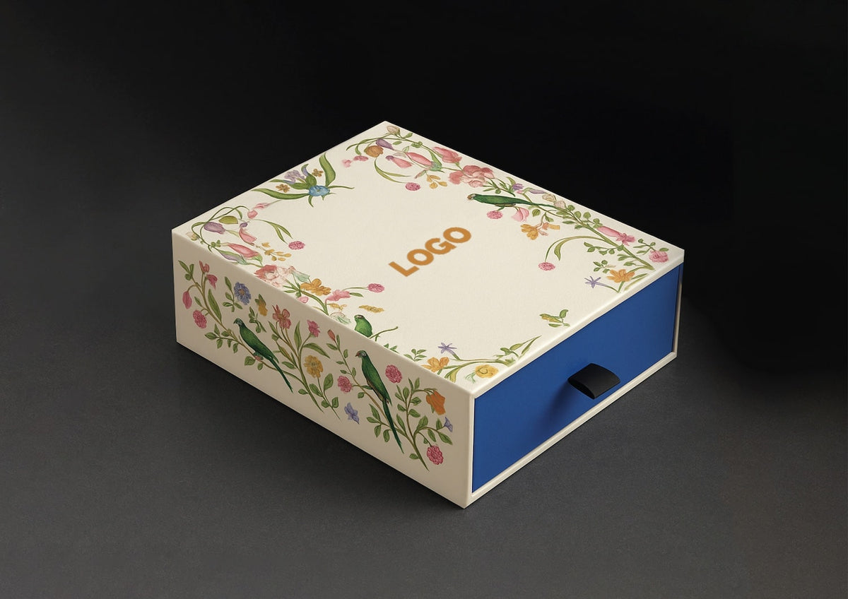 Decorative box with floral design and 'Logo' text on a dark background