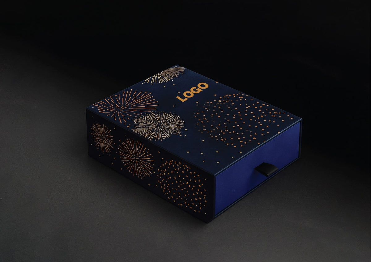 Blue box with gold fireworks design and 'LOGO' text on a dark background