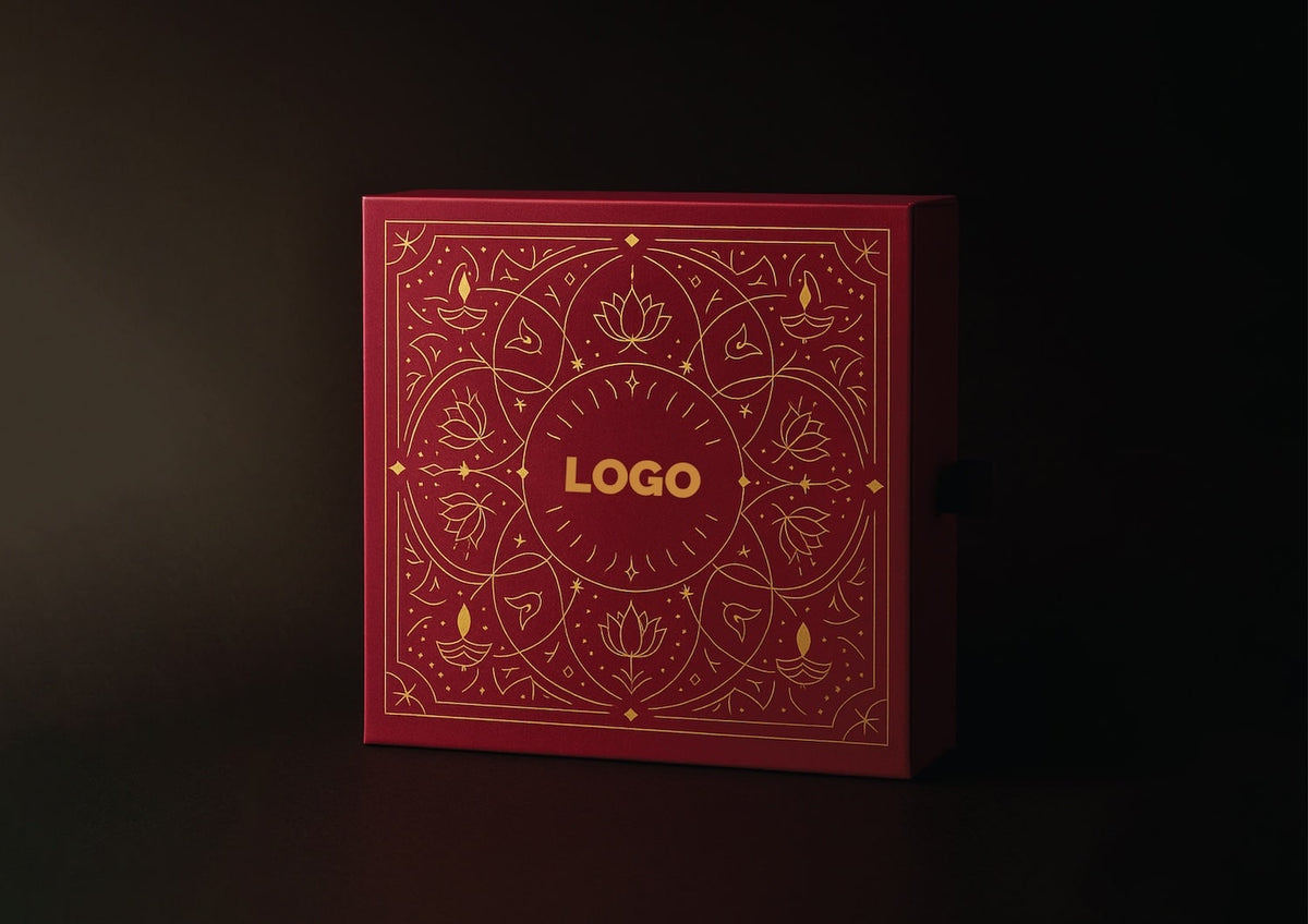 Red decorative box with gold patterns and 'LOGO' text on a dark background