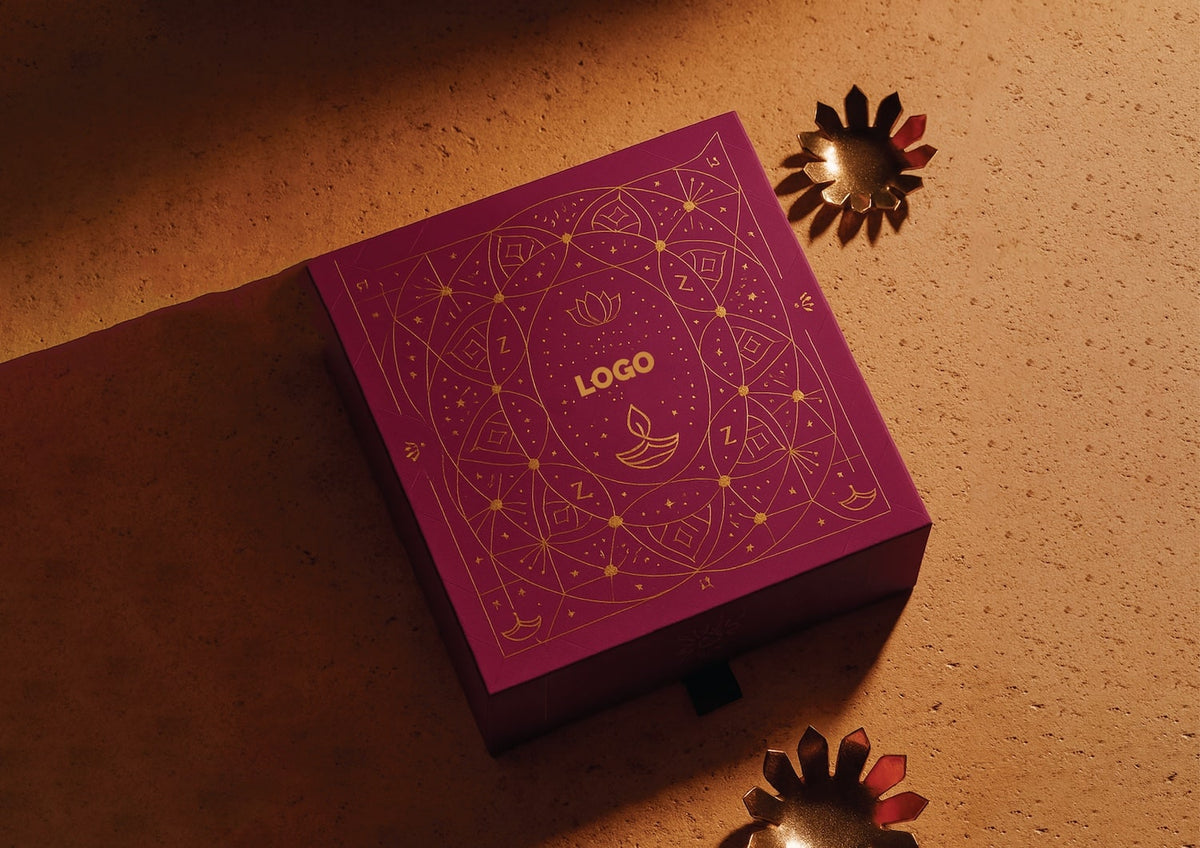 Purple box with geometric design and 'LOGO' text on a textured surface