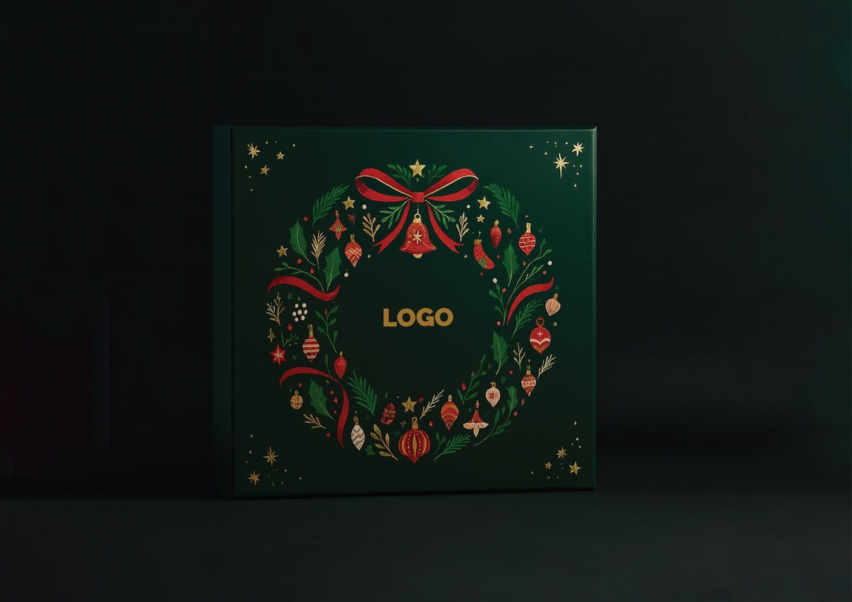 Decorative green box with a festive wreath design and 'LOGO' text on a dark background