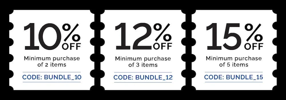 Three discount stickers with varying percentages off for different minimum purchase quantities.