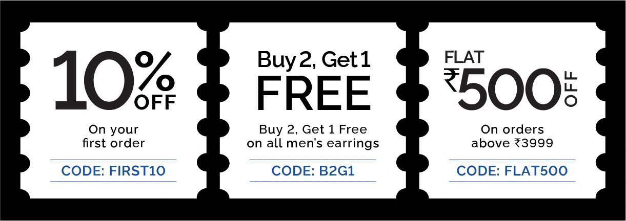 Three promotional coupon-style ticket panels on a black background with white torn edges. The left panel says '10% OFF' with code FIRST10, the middle says 'Buy 2, Get 1 FREE' with code B2G1, and the right says 'FLAT ₹500 OFF' with code FLAT500.