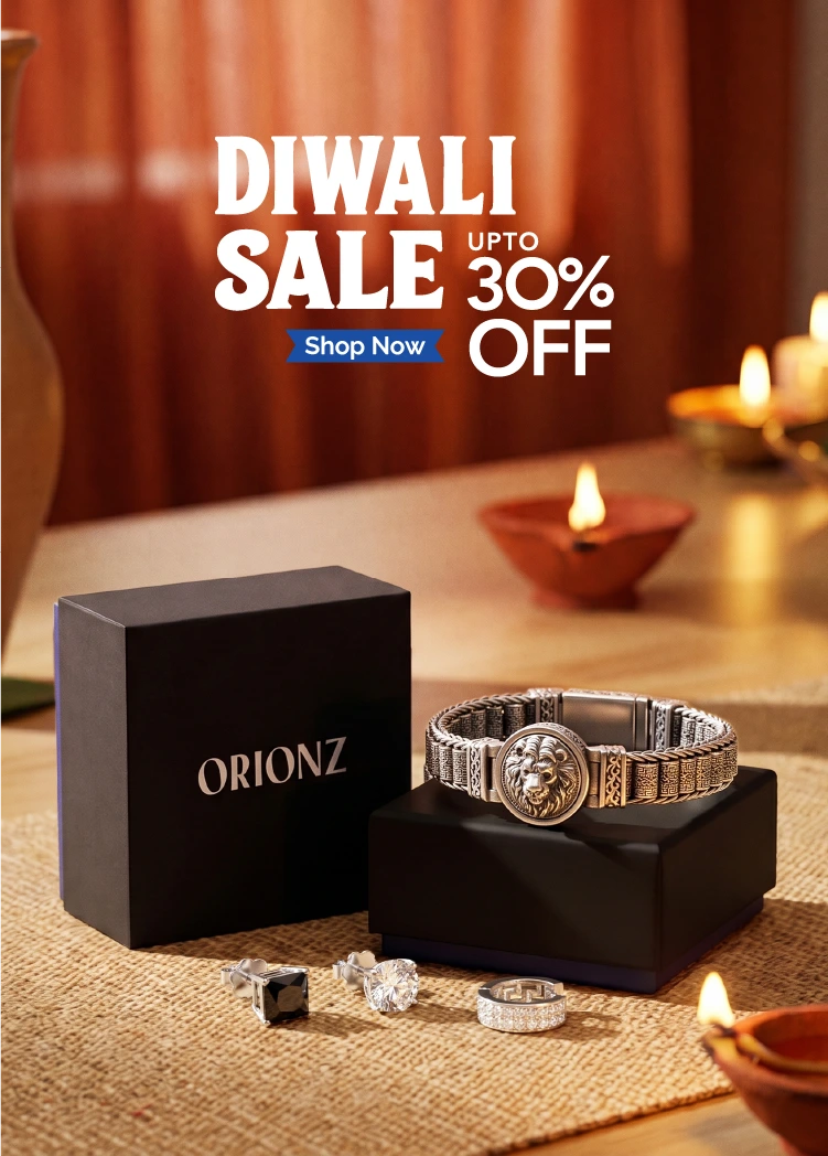 An Orionz silver-tone bracelet with a lion emblem, displayed on a black box next to its black branded box, with a 'DIWALI SALE UPTO 30% OFF' promotional overlay on a warm, lit candlelit background.