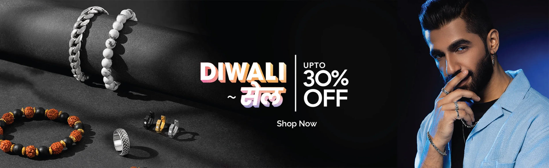 Promotional banner for Diwali sale with jewelry and a person wearing a blue shirt.