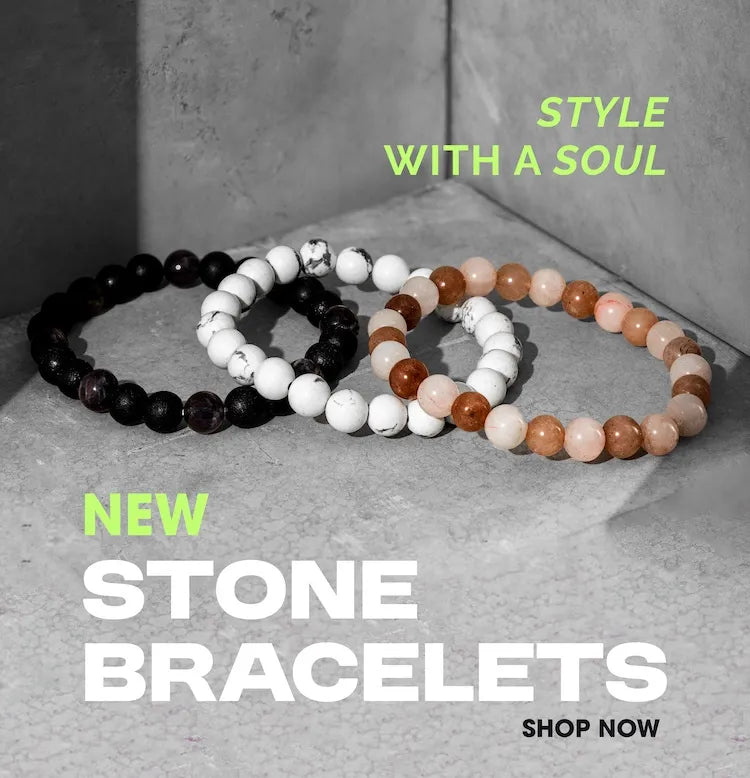 Three stone bracelets on a gray surface with promotional text.