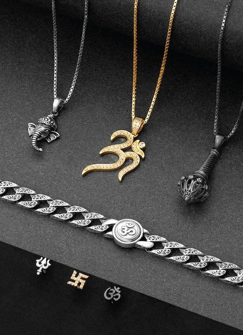 Collection of various orionz necklaces and a bracelet on a dark surface