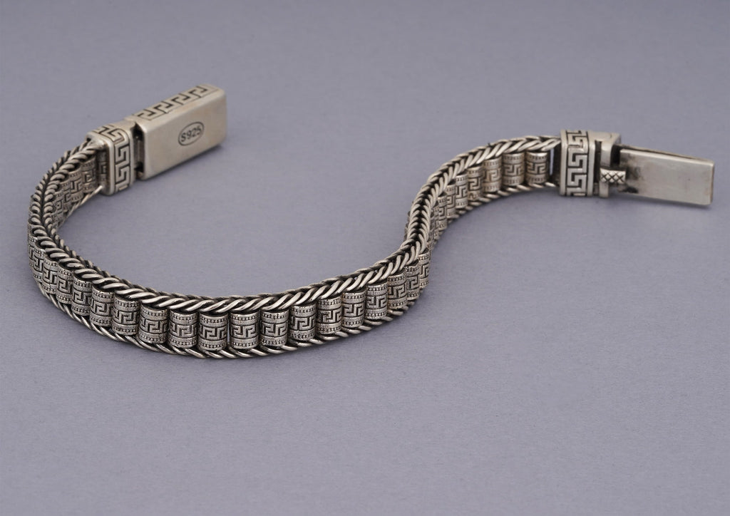 Revolving Greek Key Oxidised Silver Bracelet For Men - ORIONZ