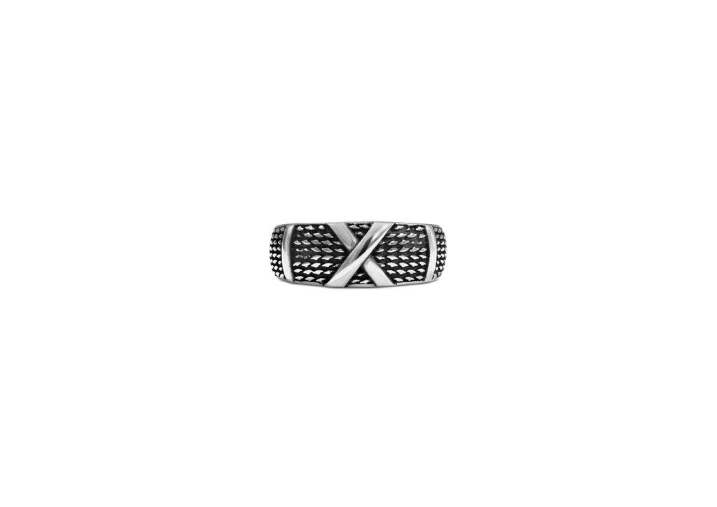 Textured X Ring In Oxidised Silver By Orionz Jewels