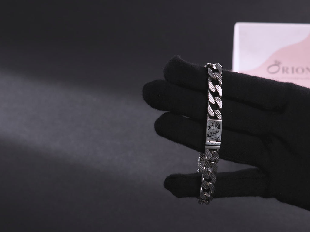 Dragon Textured Cuban Link Bracelet In Oxidised Silver By Orionz Jewels